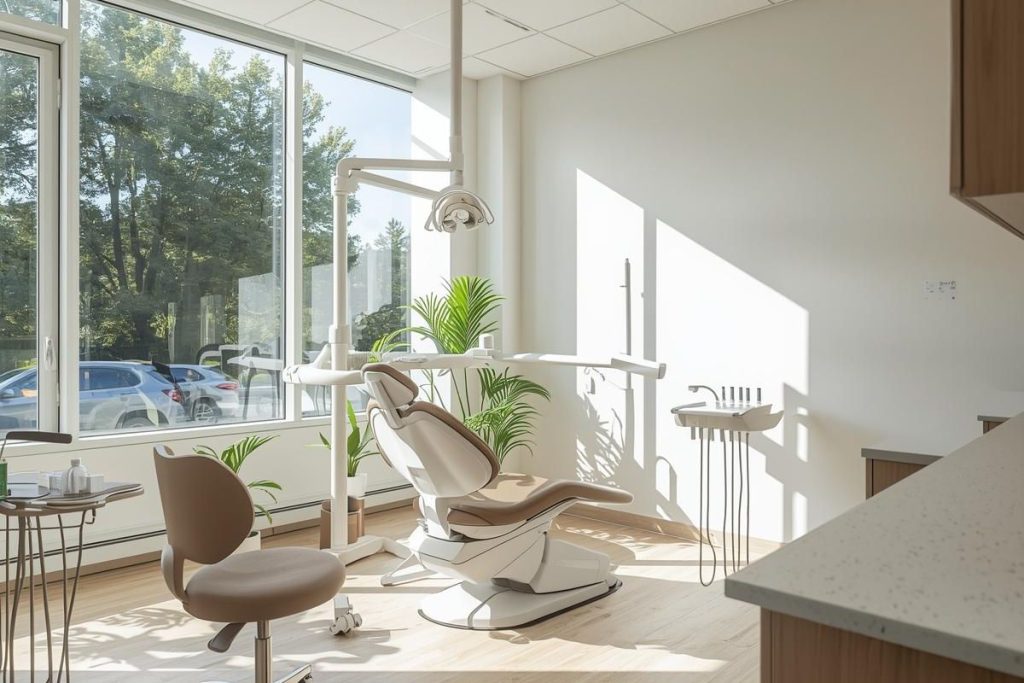Modern dental office interior with a dental chair, treatment tools, and large windows providing natural light, reflecting the welcoming environment of NuSmile Implant Studio in Chicago, IL.