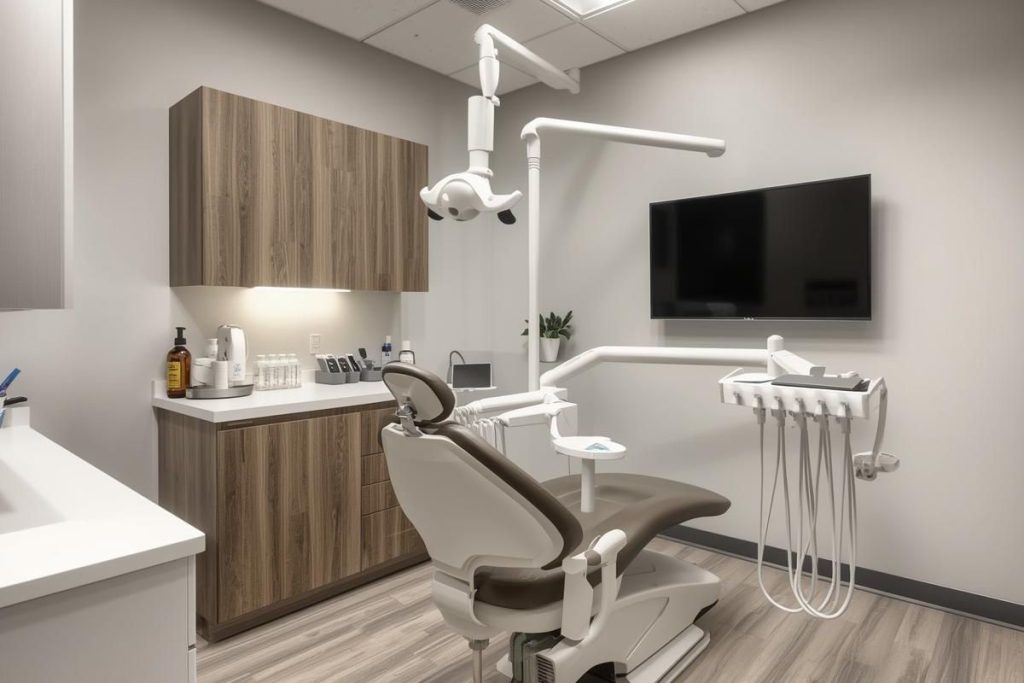 Dental treatment room at NuSmile Implant Studio featuring modern dental chair, wall-mounted TV, cabinetry, and equipment, emphasizing advanced technology and patient comfort.