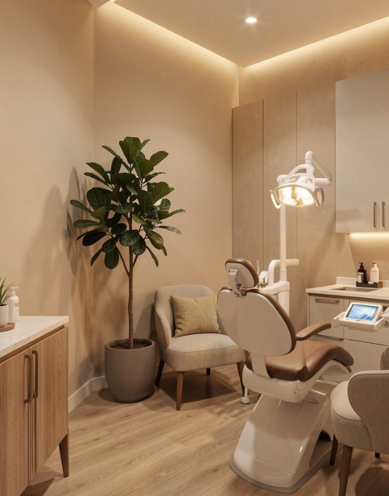 Dental treatment room featuring a modern dental chair, soothing beige tones, a potted plant, and advanced dental equipment, reflecting the comfort-focused environment at NuSmile Implant Studio.