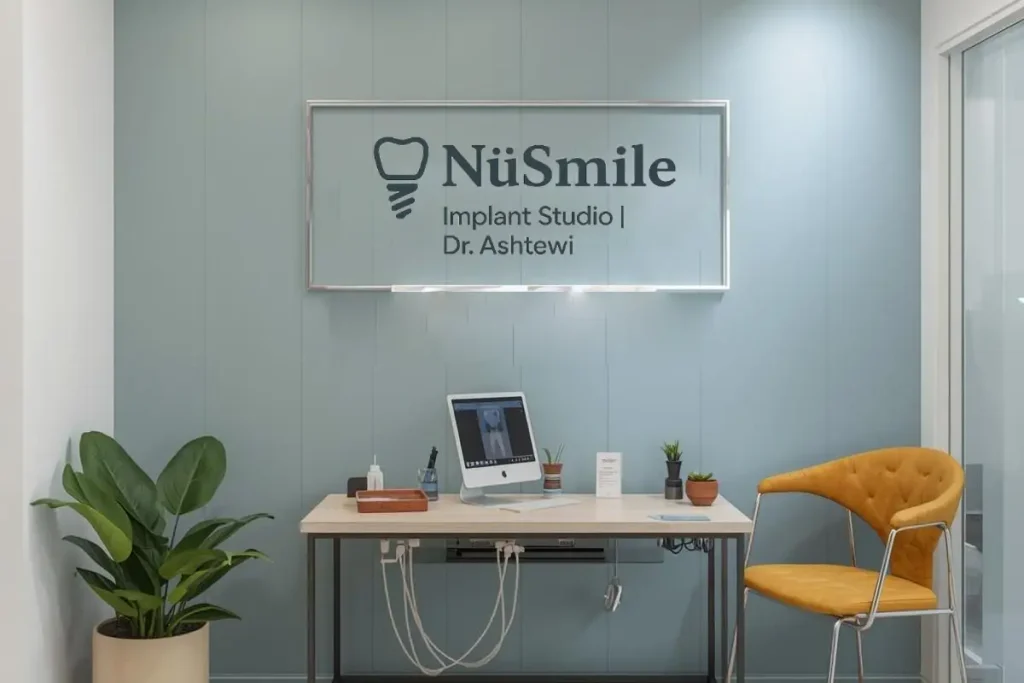 NuSmile Implant Studio reception area featuring a modern desk, computer, and decorative plants, emphasizing a welcoming atmosphere for dental patients.