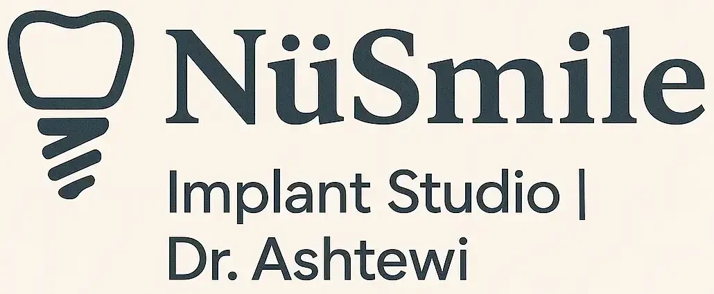 NuSmile Implant Studio logo featuring a tooth and dental implant icon, emphasizing cosmetic dentistry and dental health services.
