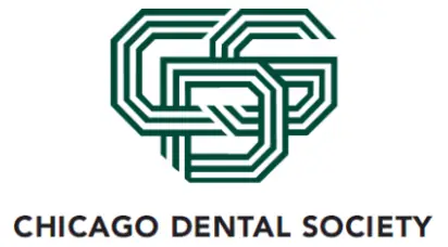 Logo of the Chicago Dental Society, featuring interlocking geometric shapes in green and the text "CHICAGO DENTAL SOCIETY" in bold below.