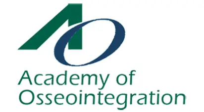 Logo of the Academy of Osseointegration, featuring a stylized "A" and "O" in green and blue, emphasizing advanced dental implant education and practice.