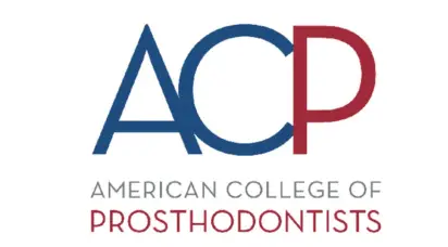 Logo of the American College of Prosthodontists (ACP), featuring the acronym "ACP" in blue and red, with the full name "American College of Prosthodontists" below, symbolizing professional excellence in prosthodontics related to Dr. Faisel Ashtewi's dental practice.