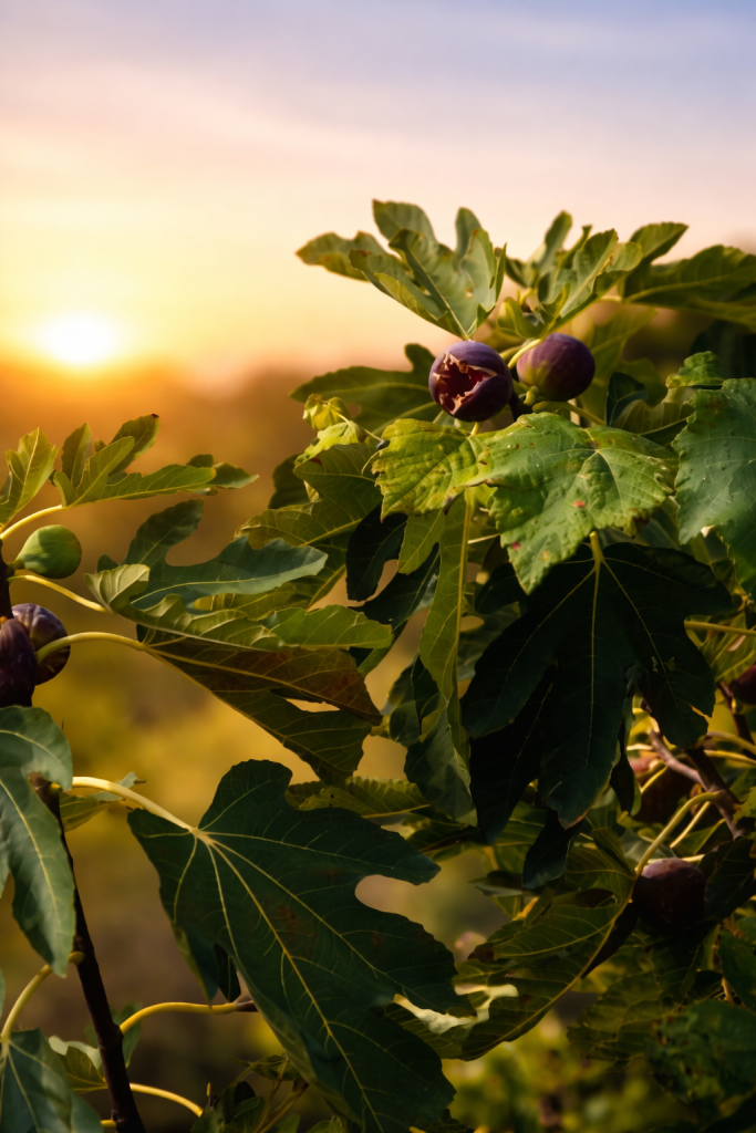 Fig tree branches with ripe figs and green leaves against a sunset background, symbolizing natural beauty and growth.
